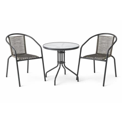 Mika Set Κήπου - Βεράντας: Τραπέζι + 2 Πολυθρόνες Μέταλλο Βαφή Ανθρακί, Pe Rattan Γκρι Table:Φ60x70 Chair:54x69x73cm