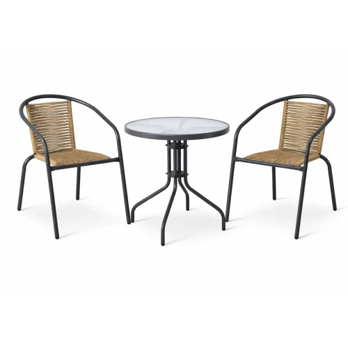 Mika Set Κήπου - Βεράντας: Τραπέζι + 2 Πολυθρόνες Μέταλλο Βαφή Ανθρακί, Pe Rattan Φυσικό Table:Φ60x70 Chair:54x69x73cm