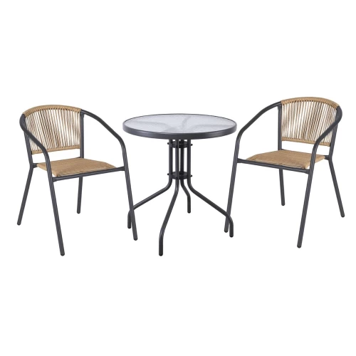 Patty Set Κήπου - Βεράντας: Τραπέζι + 2 Πολυθρόνες Μέταλλο Βαφή Ανθρακί, Pe Rattan Φυσικό Table:Φ60x70 Chair:54x69x73cm