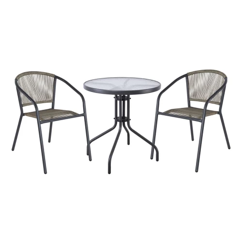 Patty Set Κήπου - Βεράντας: Τραπέζι + 2 Πολυθρόνες Μέταλλο Βαφή Ανθρακί, Pe Rattan Γκρι Table:Φ60x70 Chair:54x69x73cm