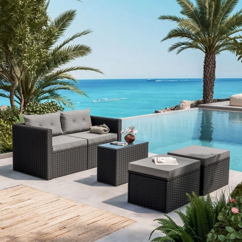 Jakarta Set Σαλόνι Κήπου K/D, Πολυμορφικό 5Τ, Μέταλλο-Wicker Μαύρο, Μαξιλάρια Γκρι 2 Πολυθρ+2 Σκαμπό+1 Τραπεζάκι