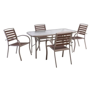 Serrano-Rio Set Κήπου: Τραπέζι + 4 Πολυθρόνες, Μέταλλο Βαφή Beige, Polywood Καρυδί Table:150x90x71 Chair:56x64x88