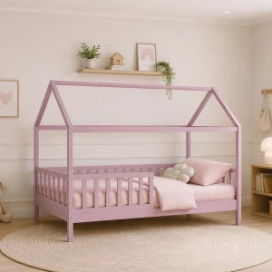 Dream Τ.montessori Παιδικό Κρεβάτι Με Στρώμα 90X190/19Cm, Ξύλο Πεύκου Απόχρωση Ροζ 197x97x132cm