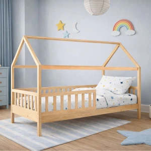 Dream Τ.montessori Παιδικό Κρεβάτι Με Στρώμα 90X190/19Cm, Ξύλο Πεύκου Απόχρωση Φυσικό 197x97x132cm