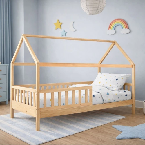 Dream Τ.montessori Παιδικό Κρεβάτι Με Στρώμα 90X190/19Cm, Ξύλο Πεύκου Απόχρωση Φυσικό 197x97x132cm