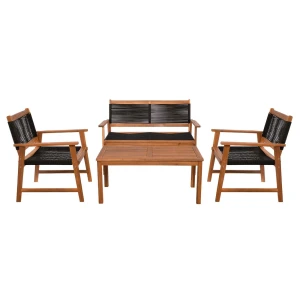 Spring Set Σαλόνι Κήπου Ακακία Φυσικό, Wicker Μαύρο: Τραπέζι + Καναπέ 2Θέσιο + 2 Πολυθρόνες 100x50x45/120x68x84/67x65x84cm
