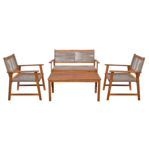Spring Set Σαλόνι Κήπου Ακακία Φυσικό, Wicker Μπεζ: Τραπέζι + Καναπέ 2Θέσιο + 2 Πολυθρόνες 100x50x45/120x68x84/67x65x84cm