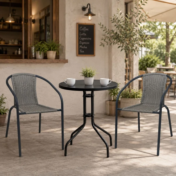 Baleno-W2 Set Κήπου-Βεράντας: Τραπέζι + 2 Πολυθρόνες Μέταλλο Βαφή Μαύρο, Wicker Mixed Grey Table:Φ60cm Chair:52x60x72cm