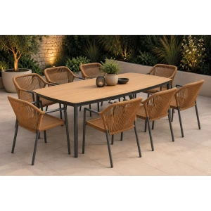Denver-Dina Set Τραπεζαρία: 8 Πολυθρόνες + Τραπέζι, Alu Γκρι Polywood & Rope Wicker Φυσικό Table:220x97x74 Chair:56x60x84