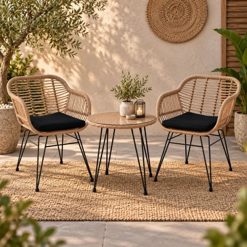Salsa Set Κήπου: Τραπέζι + 2 Πολυθρόνες Μέταλλο Μαύρο, Wicker Φυσικό, Μαξιλάρι Μαύρο Table Φ52/53 Chair 56x61x85cm