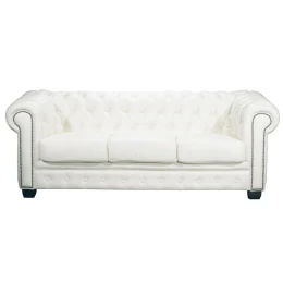 Chesterfield Birmingham Καναπές 3Θέσιος Σαλονιού Καθιστικού, Δέρμα Άσπρο 201x92x74cm