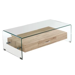 Glasser Wood Τραπεζάκι Σαλονιού Γυαλί 12Mm - Ράφι Με Συρτάρι Απόχρωση Δρυς 110x55x35cm