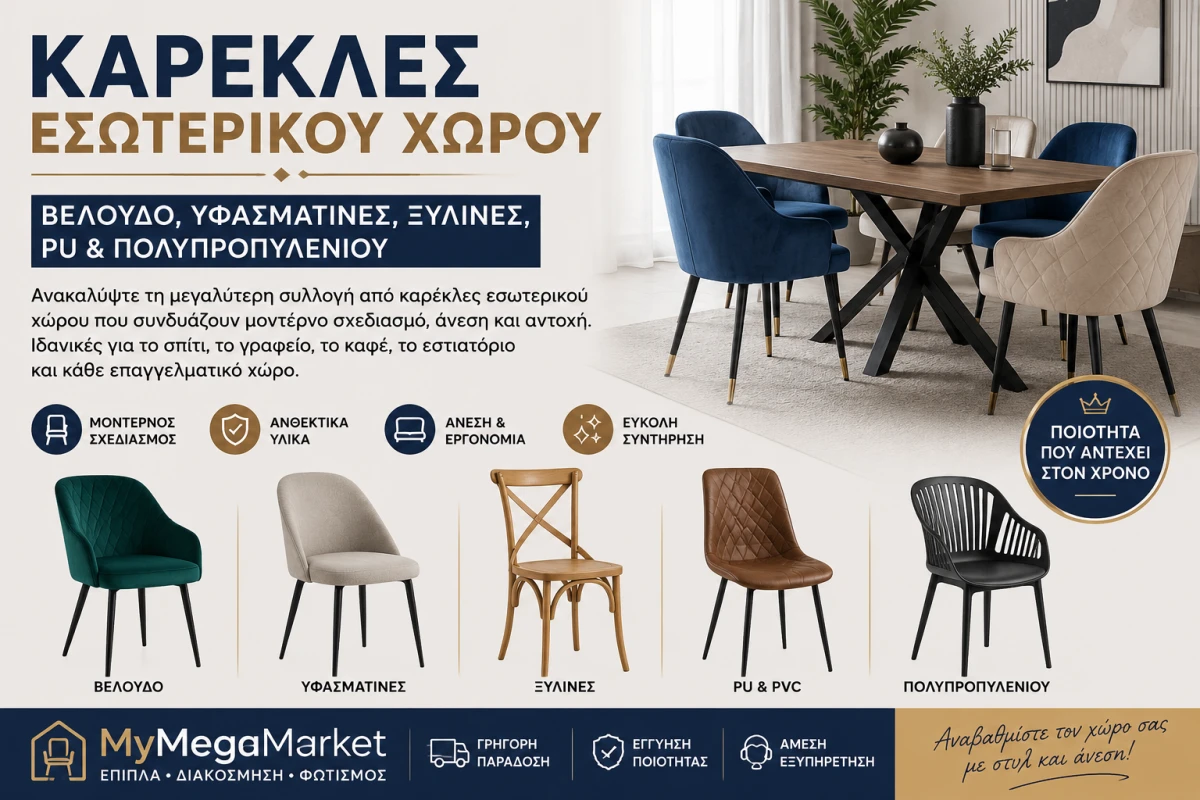 Καρέκλες Εσωτερικού Χώρου | Βελούδο, Υφασμάτινες, Ξύλινες, PU & Πολυπροπυλενίου